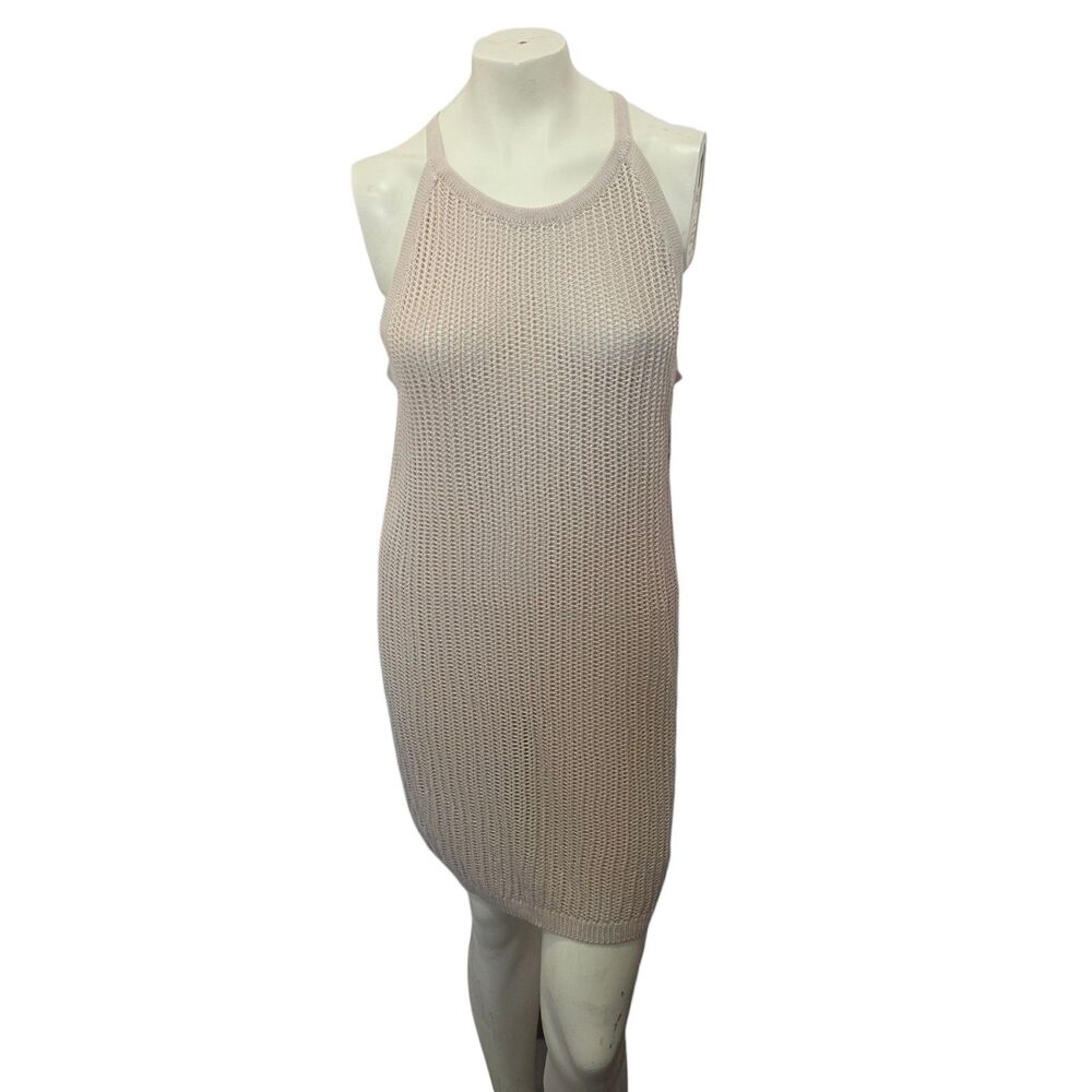 Tahari Open Knit Crochet Dress XL Beige Tan‎ Sleeveless Mesh Swim Coverup Tank